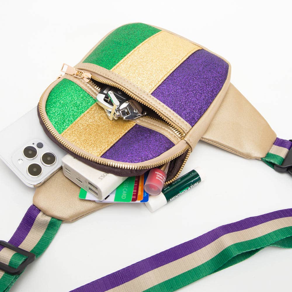 Faux Leather Mardi Gras Sparkle Front Sling Bag