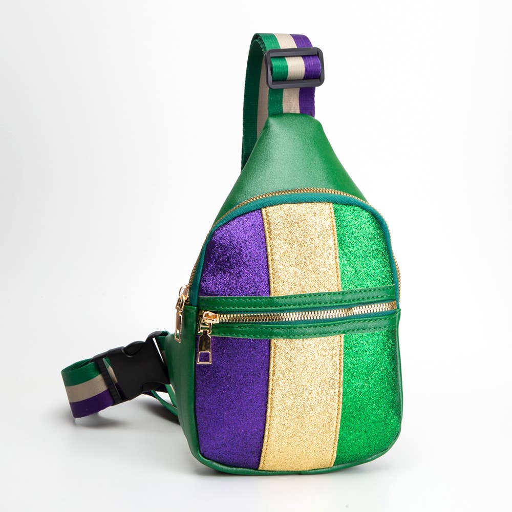 Faux Leather Mardi Gras Sparkle Front Sling Bag