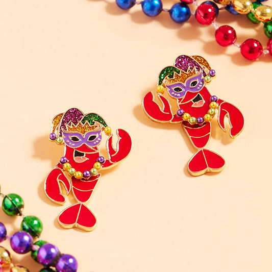 Glittered Enamel Mardi Gras Crawfish Earrings