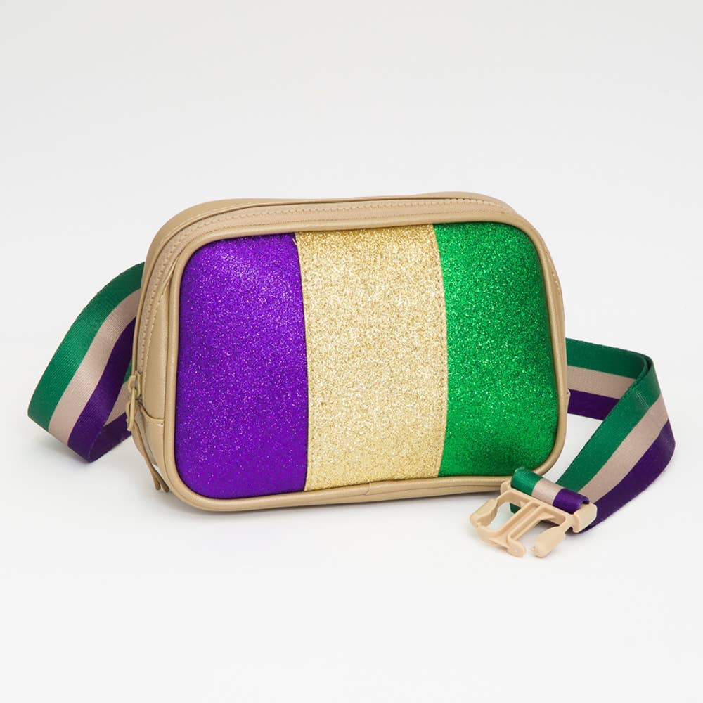 Faux Leather Mardi Gras Sparkle Front Rectangle Belt Bag