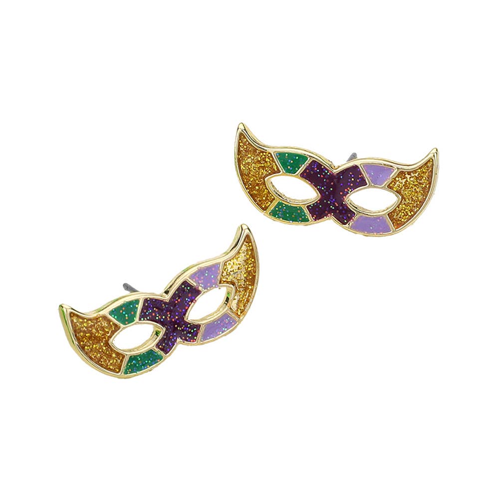 Glittered Enamel Mardi Gras Mask Stud Earrings