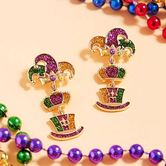 Glittered Enamel Mardi Gras Jester Hat Link Dangle Earrings