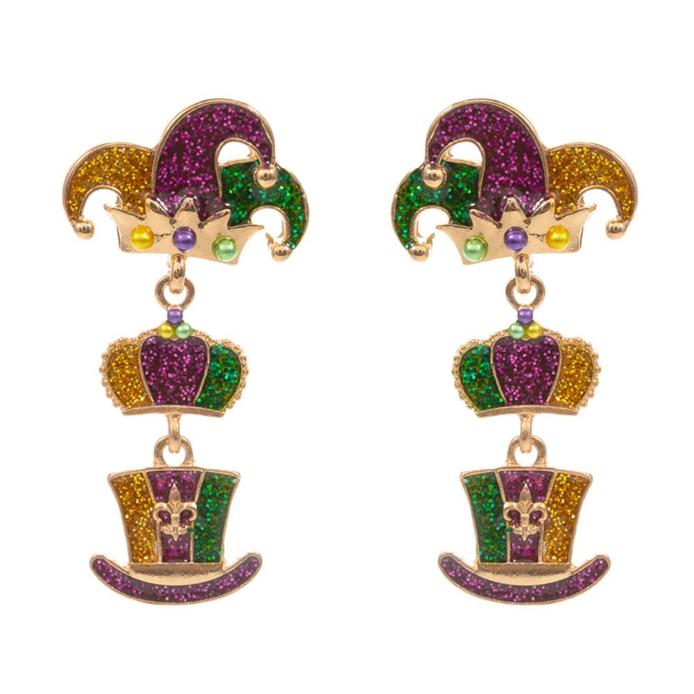 Glittered Enamel Mardi Gras Jester Hat Link Dangle Earrings