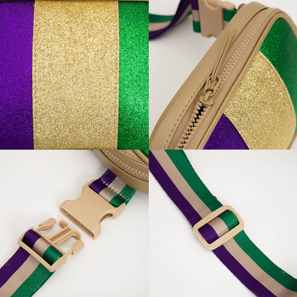 Faux Leather Mardi Gras Sparkle Front Rectangle Belt Bag