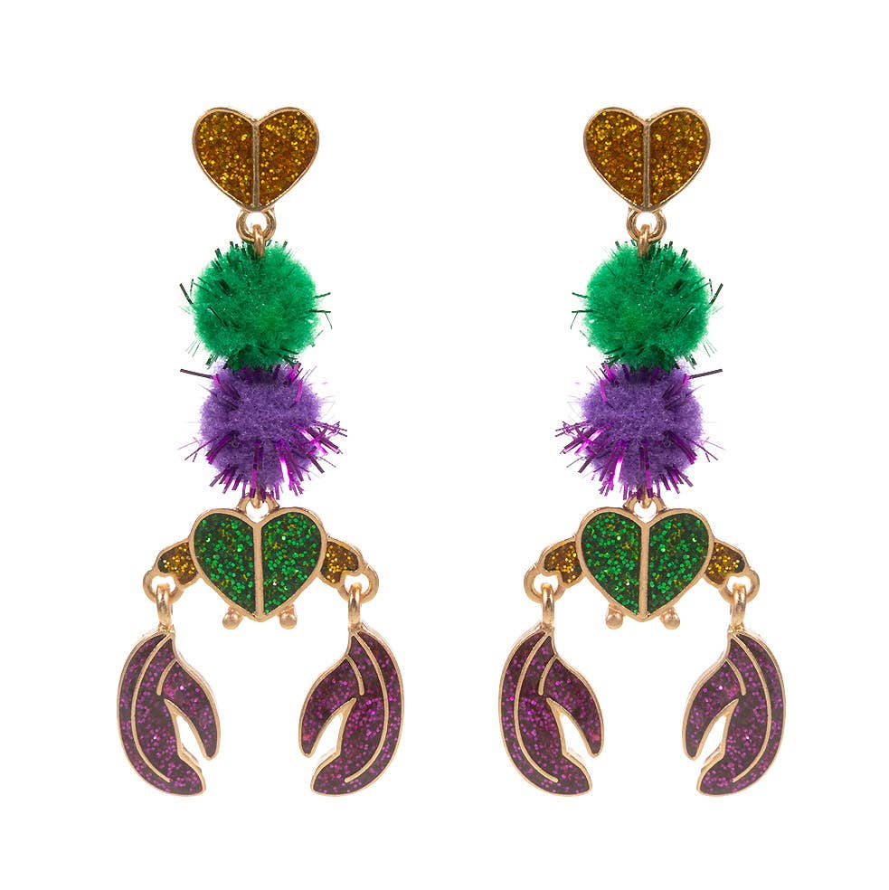 Glittered Enamel Pom Pom Mardi Gras Crawfish Earrings